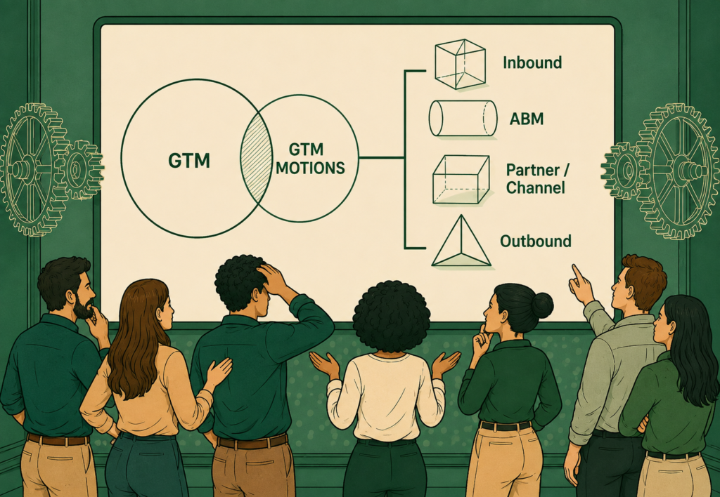 GTM, GTM Motions e ABM representados por engrenagens conectadas que ilustram a relação entre estratégia, modelo de crescimento e abordagem comercial B2B.